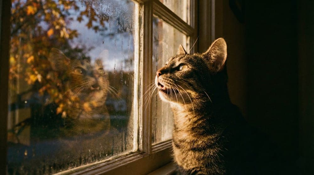 Cat looking out the window with intense focus