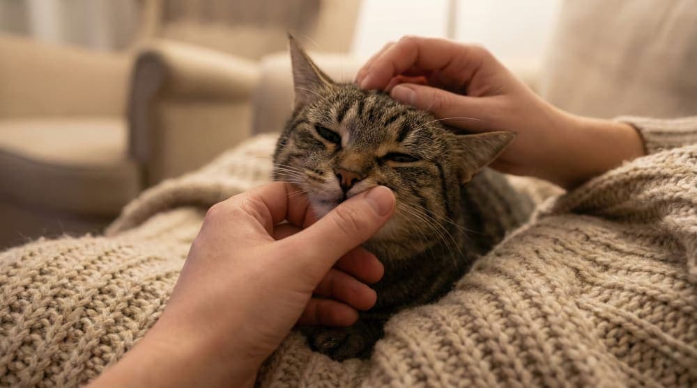 Owner gently checking a cat for health signs