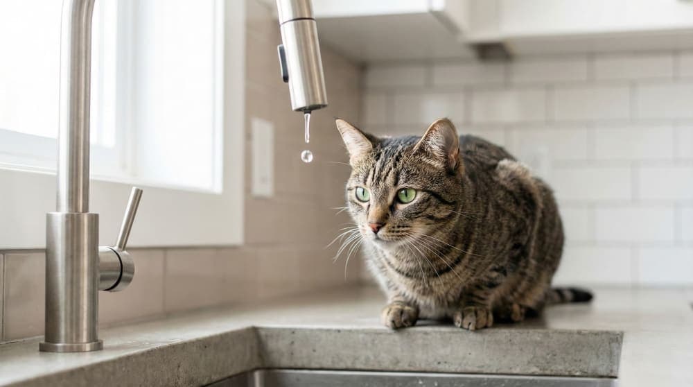 Cat staring intently at a water source