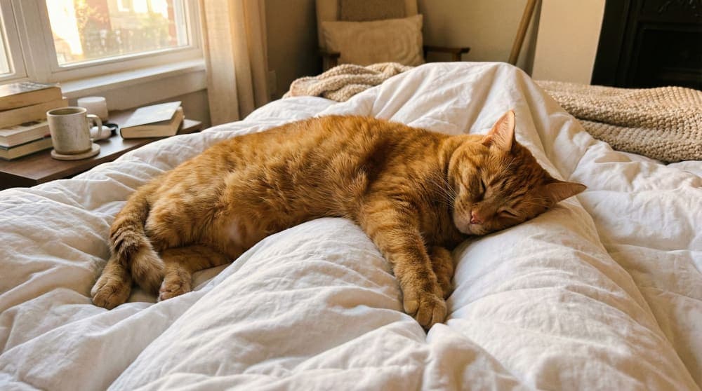 POV shot of a cat sleeping on its owner's legs
