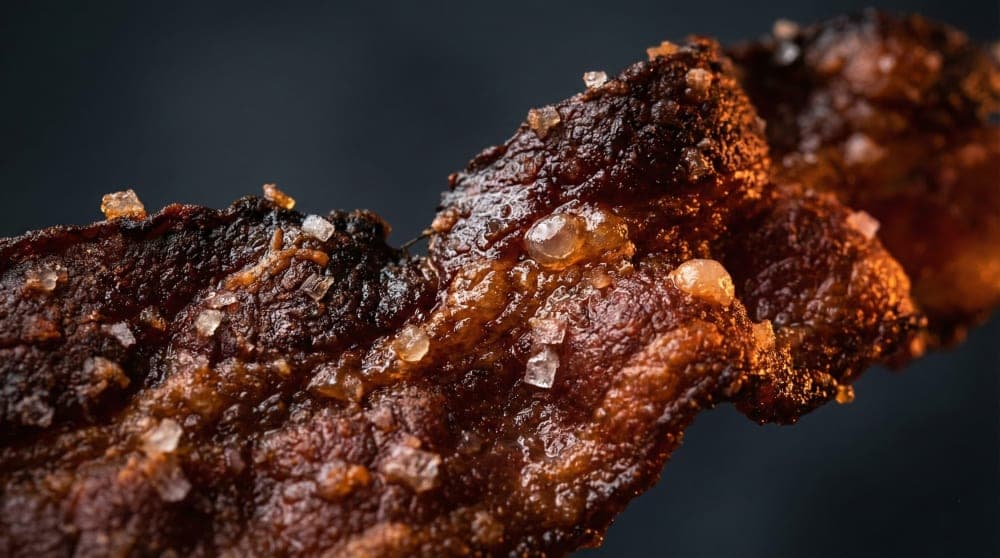 Close up of bacon texture highlighting the salt and fat