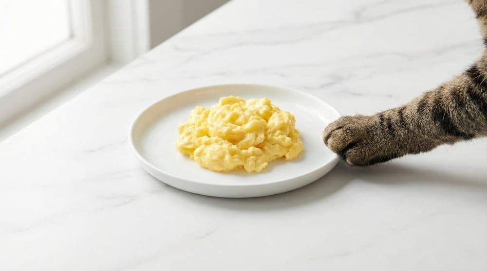 A small portion of plain scrambled eggs suitable for a cat