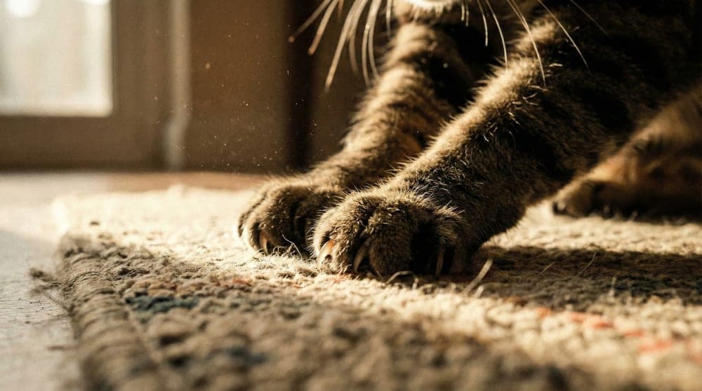 Cat scratching a rug, demonstrating horizontal scratching behavior