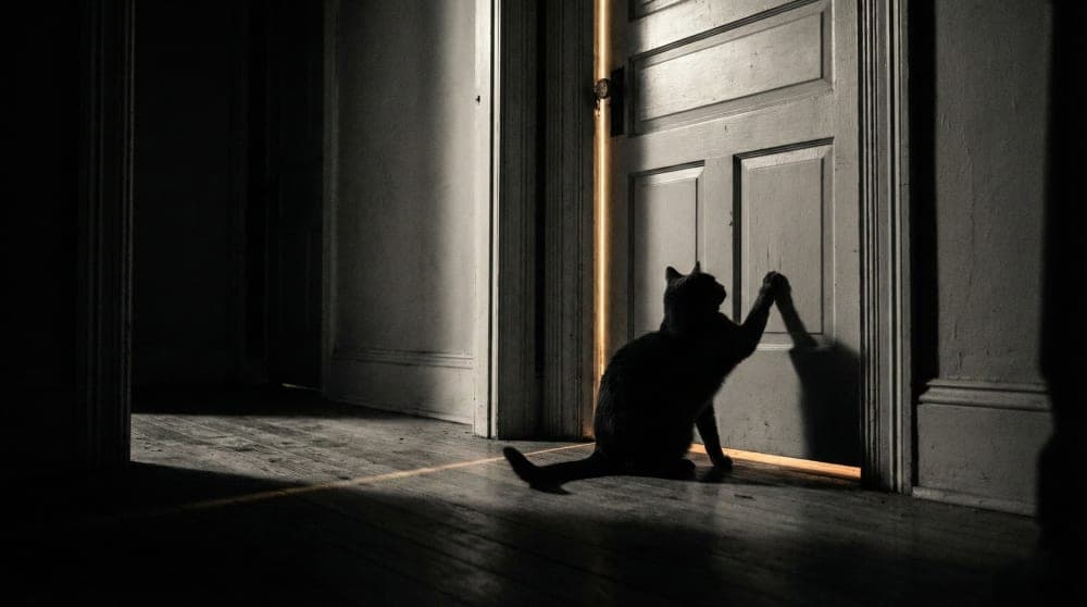 Silhouette of a cat waiting outside a closed door