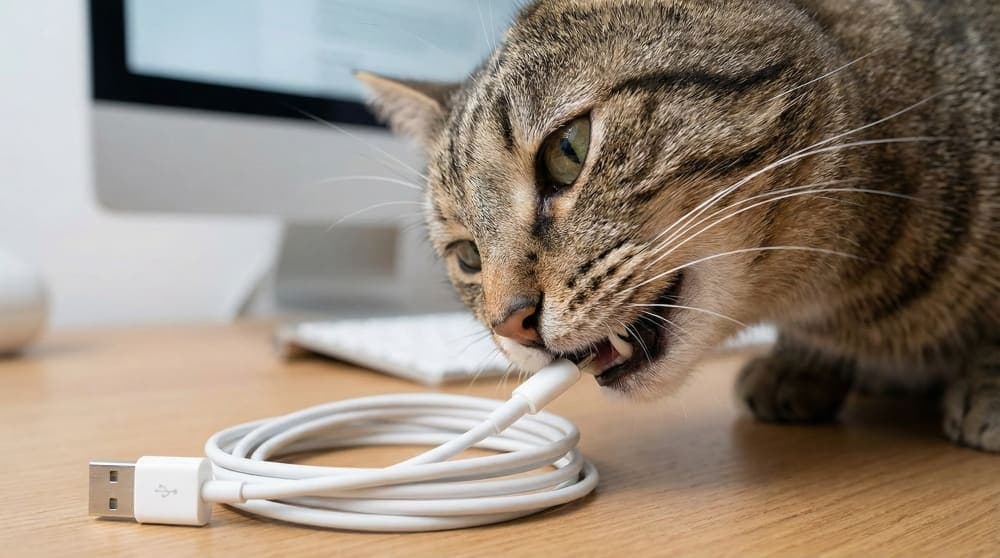 Cat investigating a charging cable