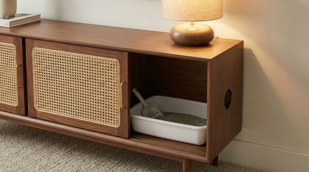 A stylish modern cabinet hiding a litter box inside