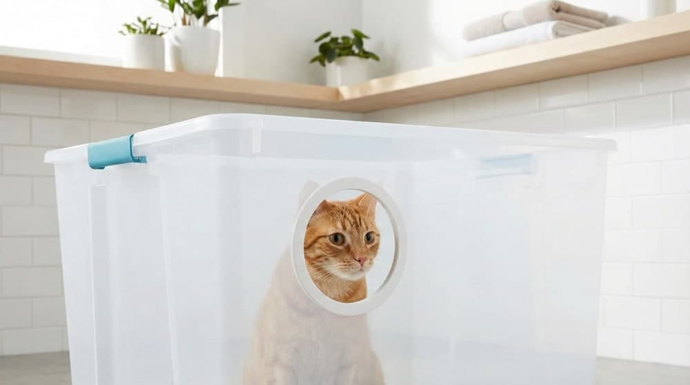 A plastic storage tote converted into a high-sided litter box