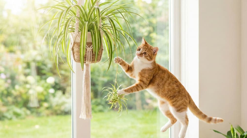 A playful cat batting at a spider plant