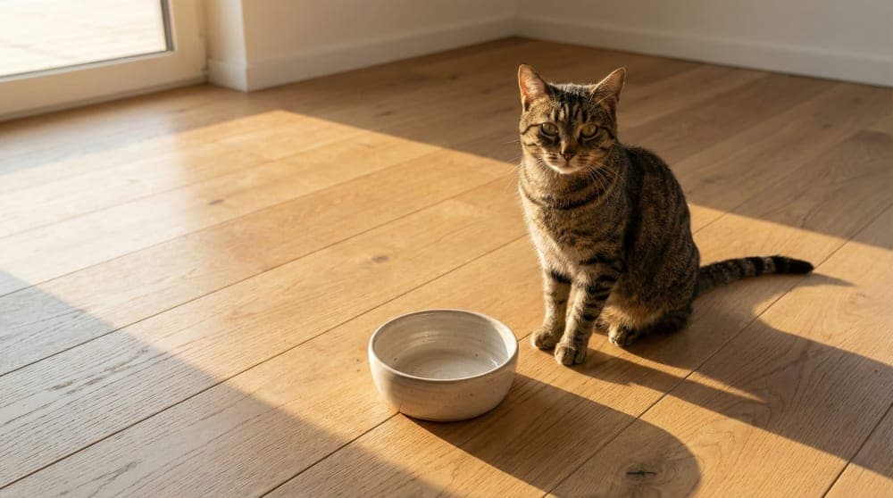 An empty food bowl representing the cause of bilious vomiting