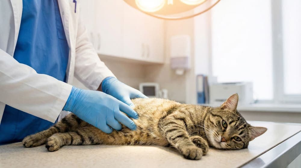 A veterinarian gently examining a cat's abdomen