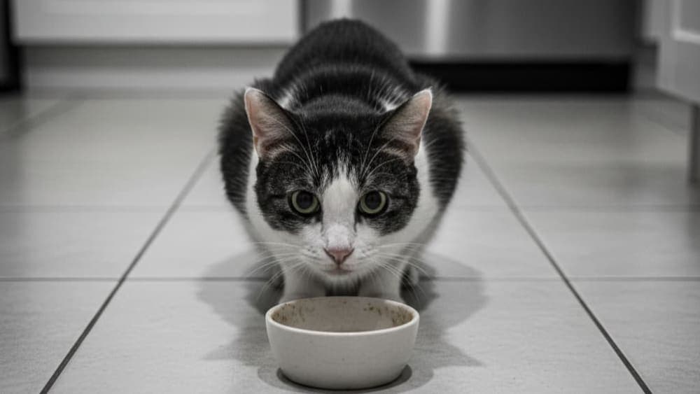 A cat staring intently at an empty food bowl