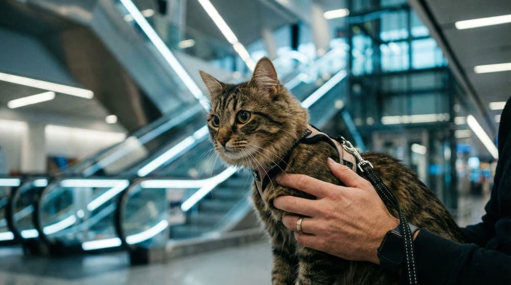 A cat wearing a safety harness at an airport terminal
